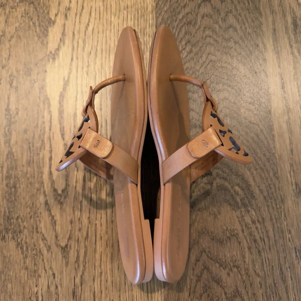 Tory Burch Miller Calf Leather Soft Sandals Women’s Sz 5.5 Bourbon Miele Emblem - Picture 5 of 9